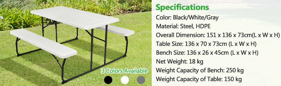 COSTWAY Folding Picnic Table And Bench Set, Portable Camping Trestle Table Chairs With Anti-slip Pads, Outdoor Foldable Dining Table Set Furniture For BBQ, Pub, Garden, Patio And Poolside (White) 16 z