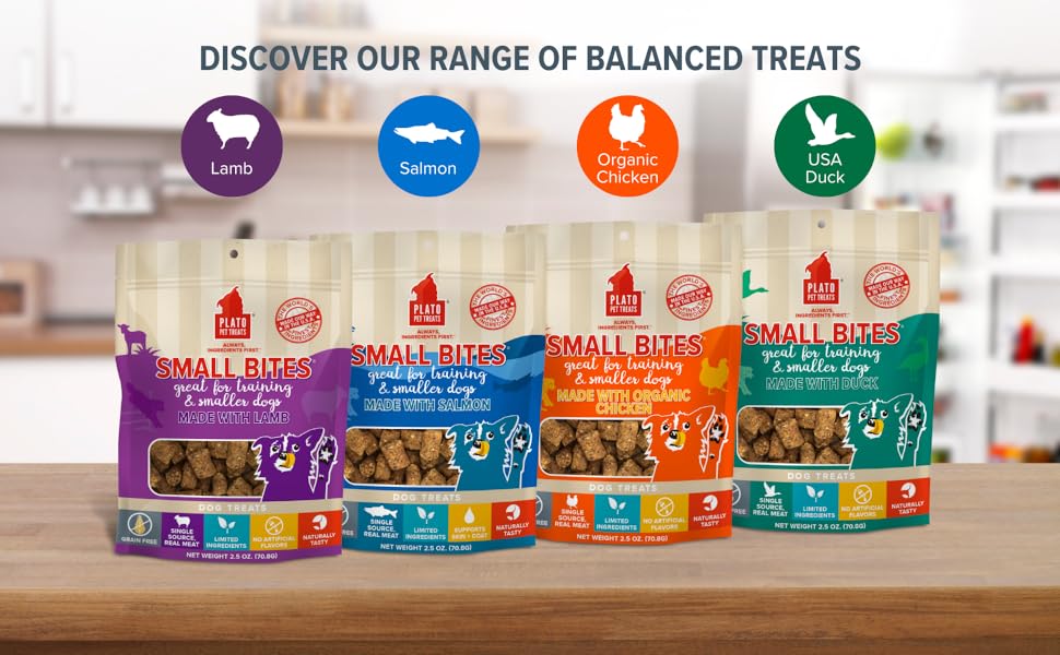 Plato Pet Treats Small Bites air-dried meaty morsels with lamb, salmon, duck, or chicken