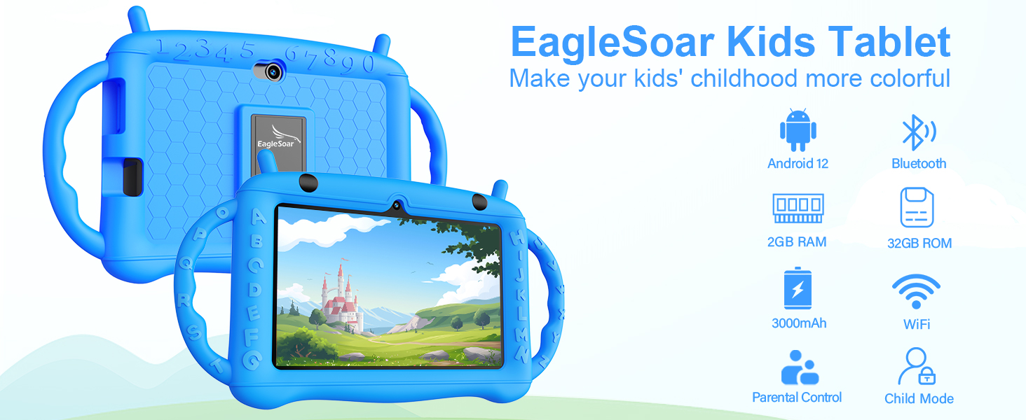 EagleSoar Kids Tablet with blue protective case. Features include Android OS, 7-inch screen, 32GB storage, WiFi, and parental controls. Colorful interface shown on screen.