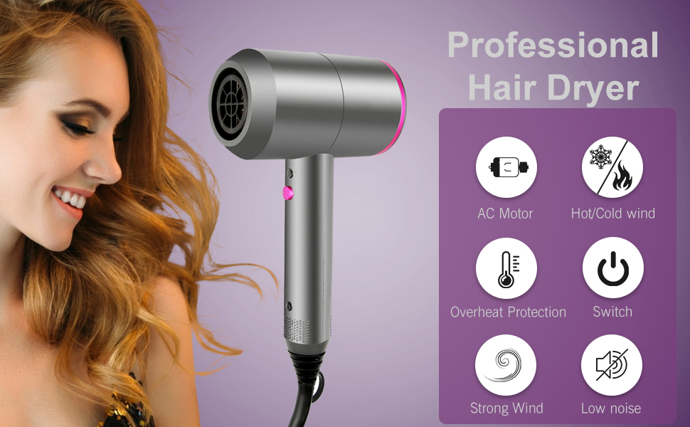 con cuerpo rosa plateado. Las características incluyen un motor de corriente alterna, viento frío/calor, protección contra sobrecalentamiento, viento fuerte y bajo nivel