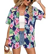 Women Hawaiian Shirt Button Down Summer Tops Beach Cool Short Sleeve V Neck Blouse