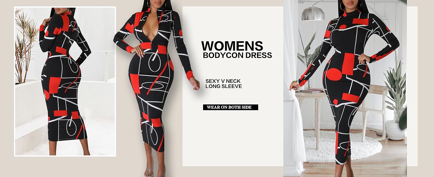 Women's Sexy Bodycon Dress Long Sleeve Zipper V Neck Stretchy Party Business Pencil Dress