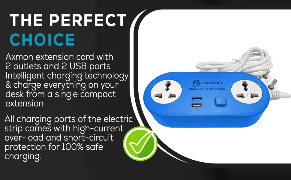 Axmon Extension Cord with [2 Socket with 2 USB Charging Ports] for Home Office- Blue,SPN-MX9E8