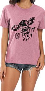 Cow Tshirt Womens Fun Animal Graphic Tees Casual Short Sleeve Summer Cute T-Shirt Farmer Tops