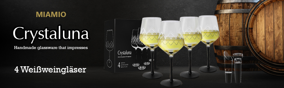 Set 4 Pahare vin alb, Crystaluna, cu picior negru elegant, sticla transparenta, 380ml, dop si aerator pentru vin inclus