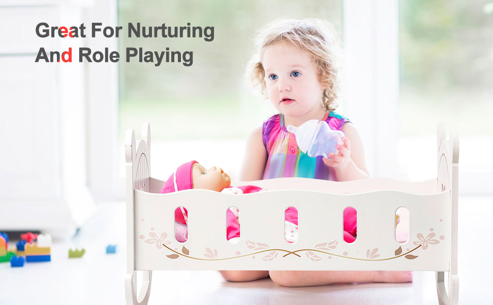 ROBUD Dolls Cot Wooden Baby Girls Toys, 3+ Year Old Girl Toddler Toy Doll Bed Gifts for 2 3 4 5