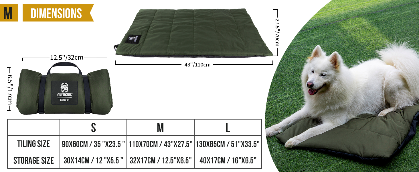 Foldable outdoor sleeping pad with dimensions shown. Green quilted surface, compact when rolled. Image includes size chart and photo of white dog resting on the pad.