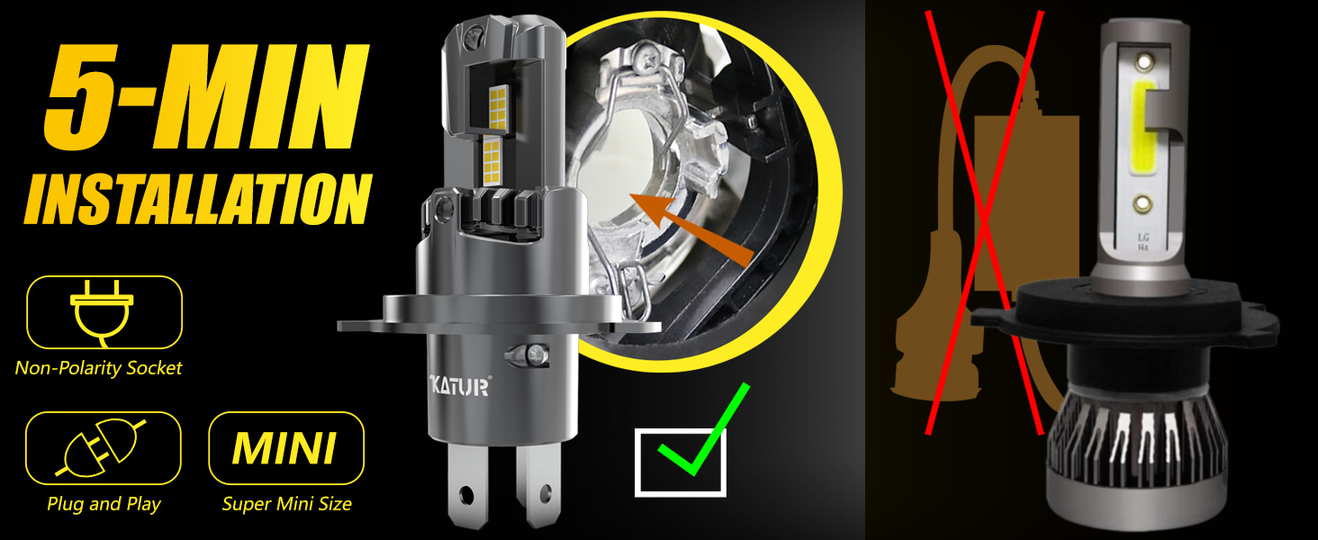 KATUR H4 LED Headlight Bulbs Hi/Lo Beam, 400 Brightness 18000LM 6000K Xenon White 11 Mini Size