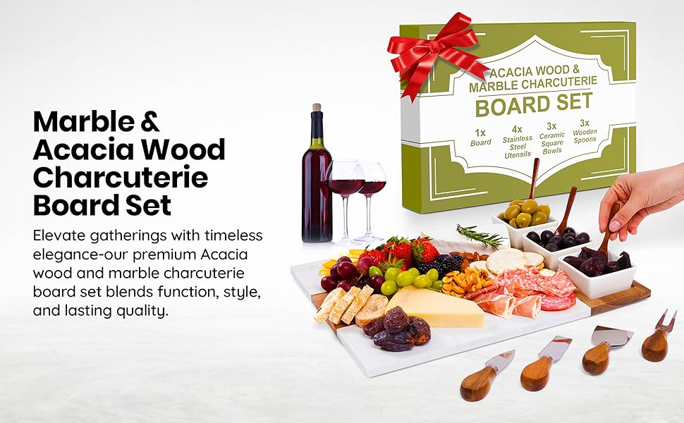 Marble and Acacia Wood Charcuterie Board Set - 11 Pieces with accessories housewarming cheese board