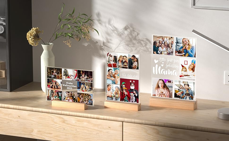 Three wooden photo blocks on a surface, displaying multiple family photos. Blocks have different sizes and orientations, creating a decorative display.