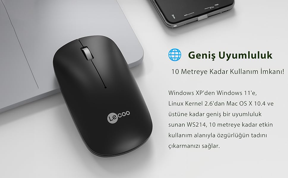 Lenovo Lecoo WS214 Kablosuz 1200DPI 3 Tuşlu Optik Mouse Siyah