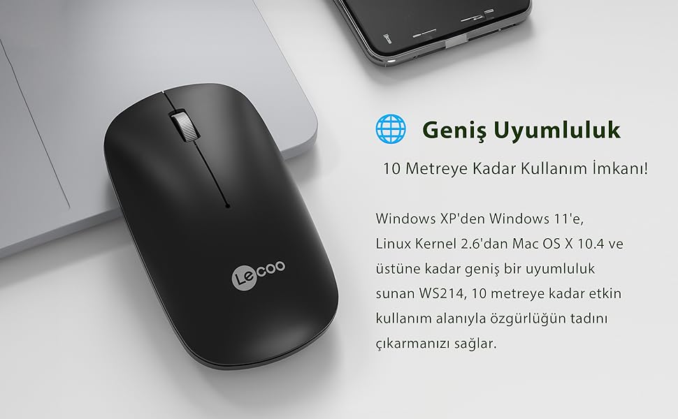 Lenovo Lecoo WS214 Kablosuz 1200DPI 3 Tuşlu Optik Mouse Siyah