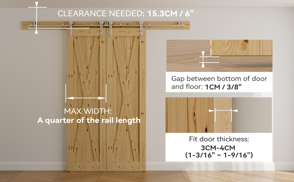 Technisches Diagramm mit den Abstandsmessungen für die Türinstallation. Der Text lautet: „ABSTAND: 18,3 CM/7“, „MAXIMALE BREITE: Ein Viertel der vollen Länge“, „Abstand zwischen Türunterseite und Boden: 2 cm/1-1/8“, „Dicke der Fülltür: 50 × 24 CM (1-31/32 × 1-15/32)“