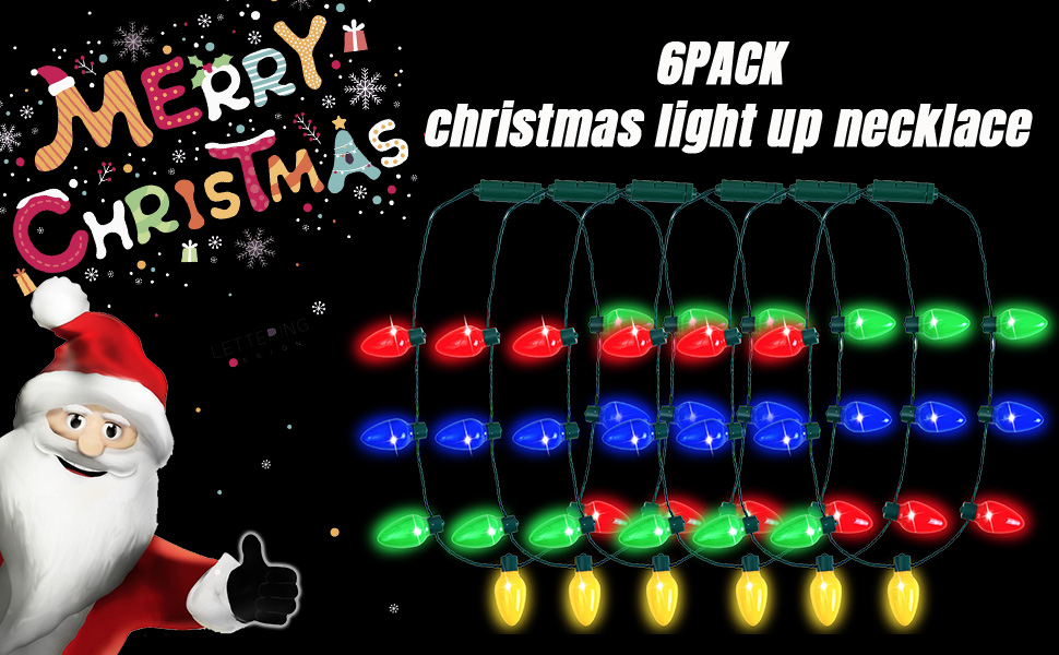 Dwenarry 6Pcs Christmas Light Up Necklace LED Lights Holiday Necklaces Flashing Bulb
