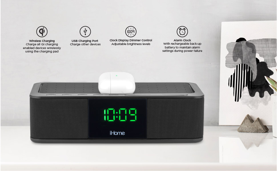 iHome Alarm Clock with Wireless Charging and USB Charger