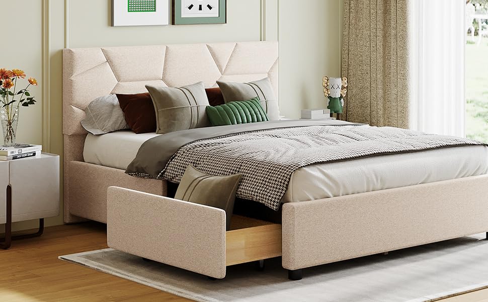 Chuhee Queen Size Bed Frame with Headboard, Upholstered