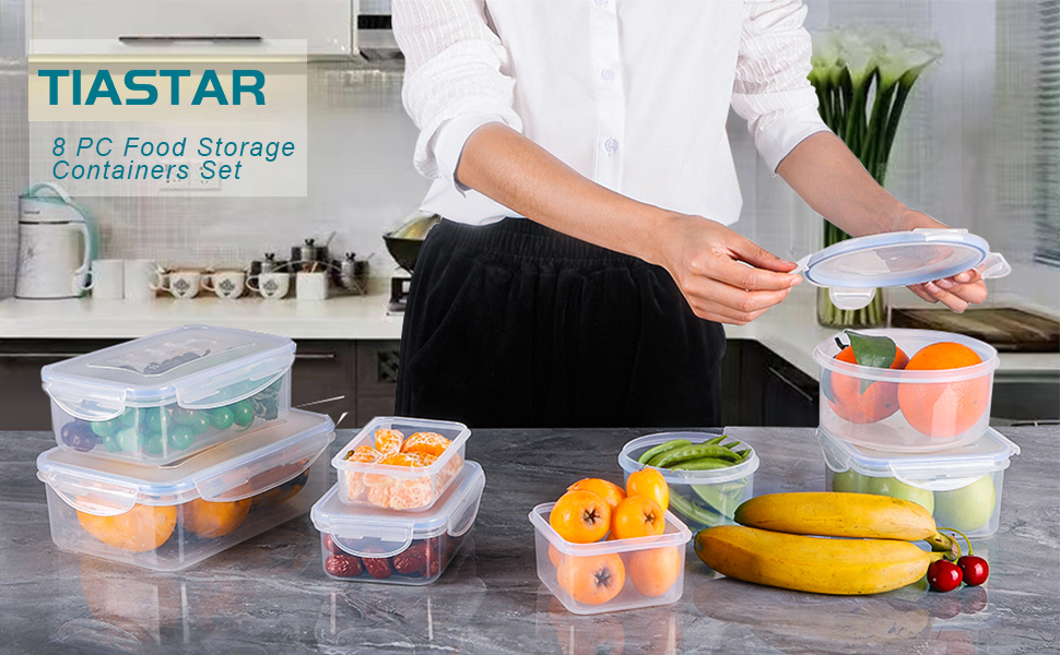 Tiastar Food Storage Containers 8 PCS, Reusable Plastic Food Containers