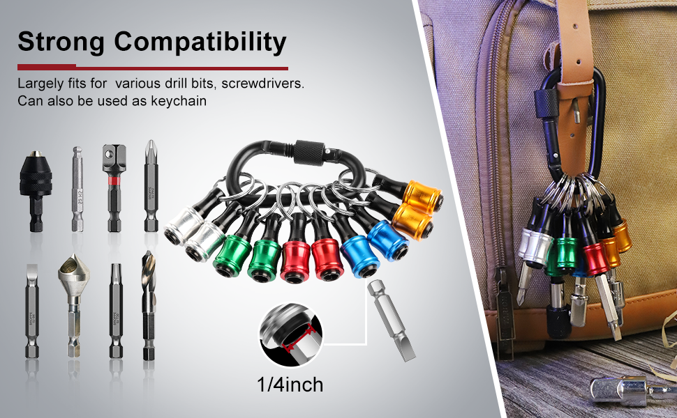 Katerk Portable Bit holder Keychain, 10 pcs 1/4 inch Hex Shank Screwdriver Bits Retainer W/Black