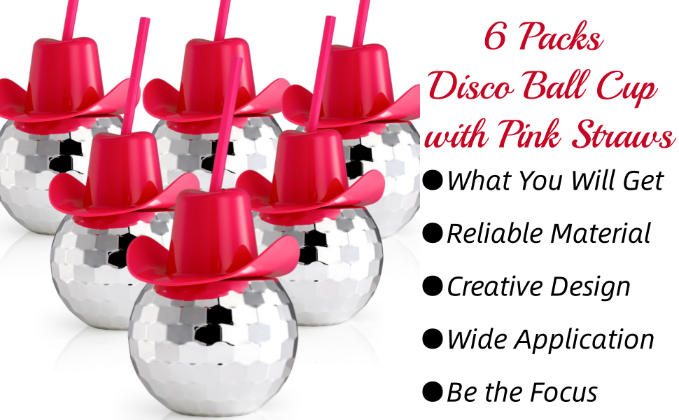 Noamus 6 Packs Disco Ball Cup Pink Straw, 22 OZ Flash Ball Party Cups with Cowboy