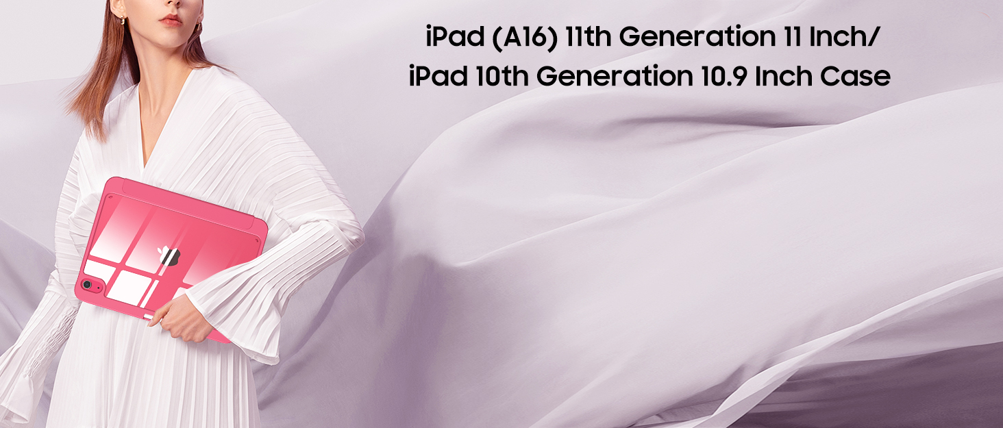 Bright pink iPad case or cover being held against white fabric background, with text indicating compatibility for iPad 11th Generation devices.