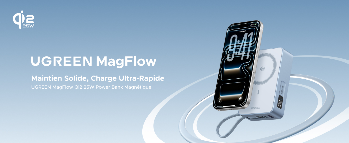 Plusieurs panneaux montrant l'interface de l'appareil électronique et le système de recharge avec une imagerie technologique teintée en bleu.