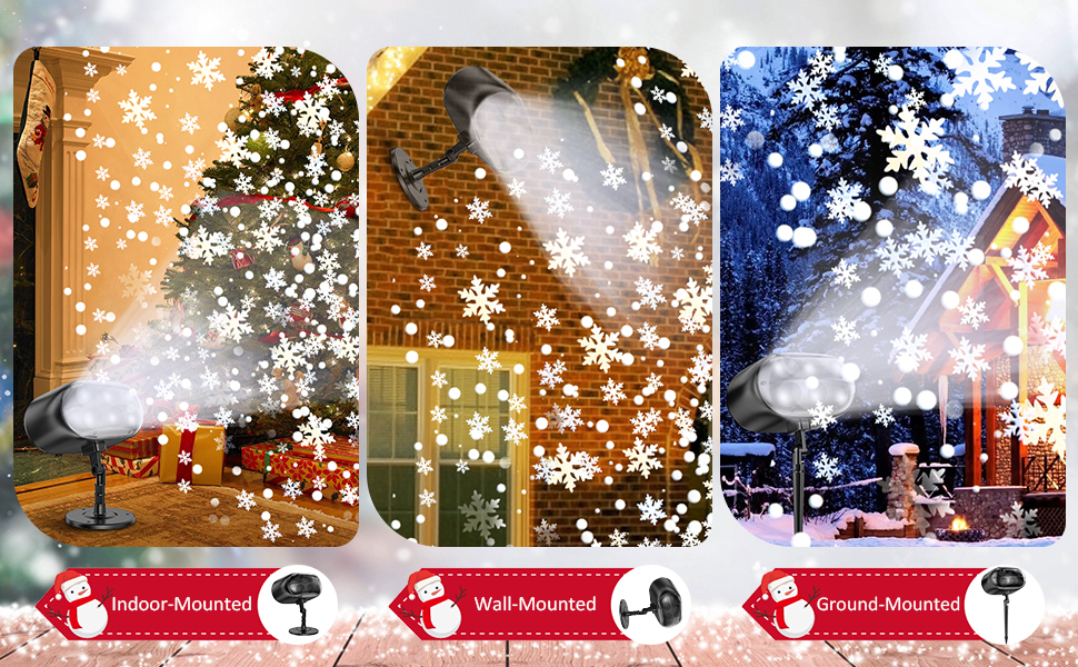 Three decorative window displays with white star overlays and sparkle effects, showing different seasonal lighting arrangements.