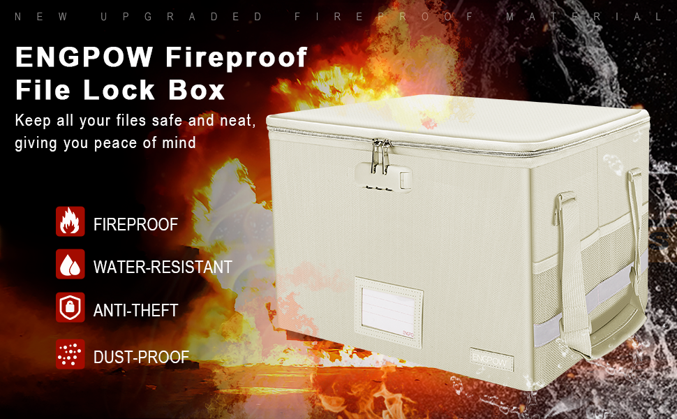 ENGPOW File Box with Lock, Fireproof Document Box with Zipper Lid,Collapsible File