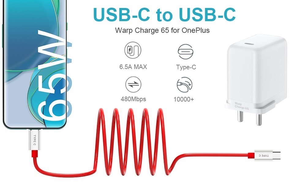 Nirsha 65W Warp Charger for One Plus Charger with C to C Cable Fast Warp Charger for Oneplus 9/9