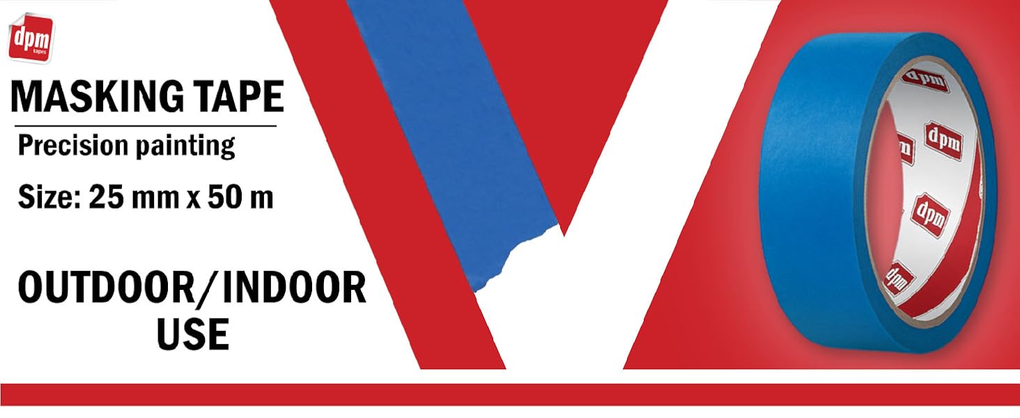 Il testo recita «NASTRO ADESIVO PER USO ESTERNO/INTERNO PER VERNICIATURA DI PRECISIONE. Dimensioni: 25 mm x 50 m». Rotolo di nastro adesivo a strisce rosse e blu e design della confezione.
