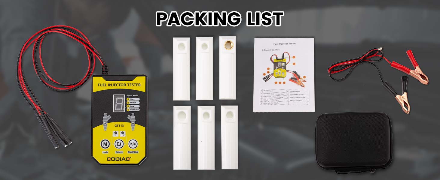 GODIAG GT113 Fuel Injector Tester and Cleaner Kit with all components laid out