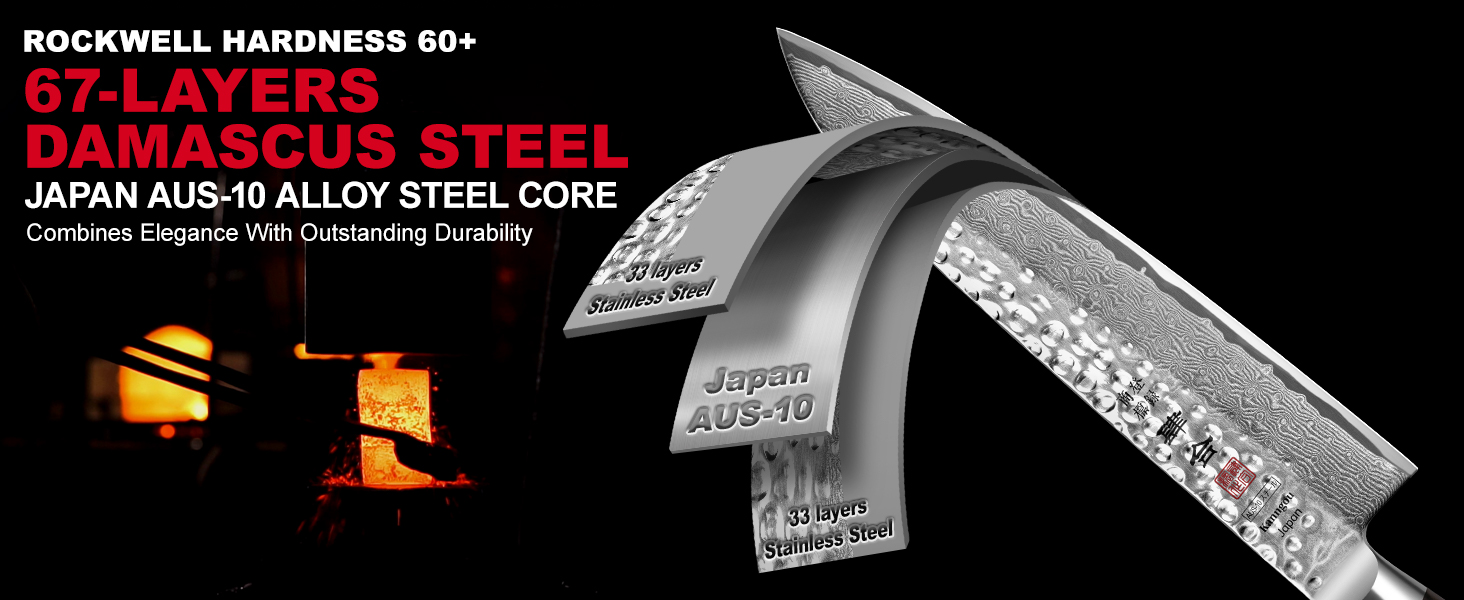 Kanngou Damascus Santoku Knife with 67 layers damascus steel and AUS-10 core