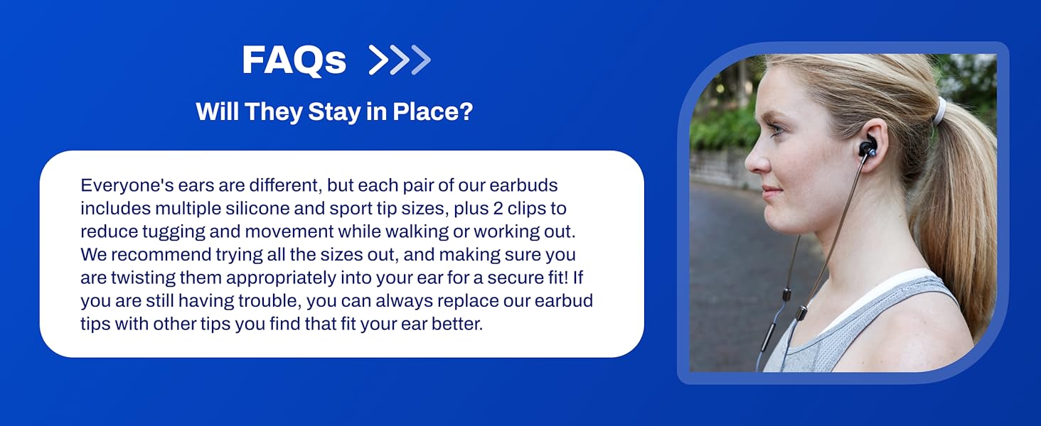 in ear headphones worn by woman outdoors with secure fit and clip for stability