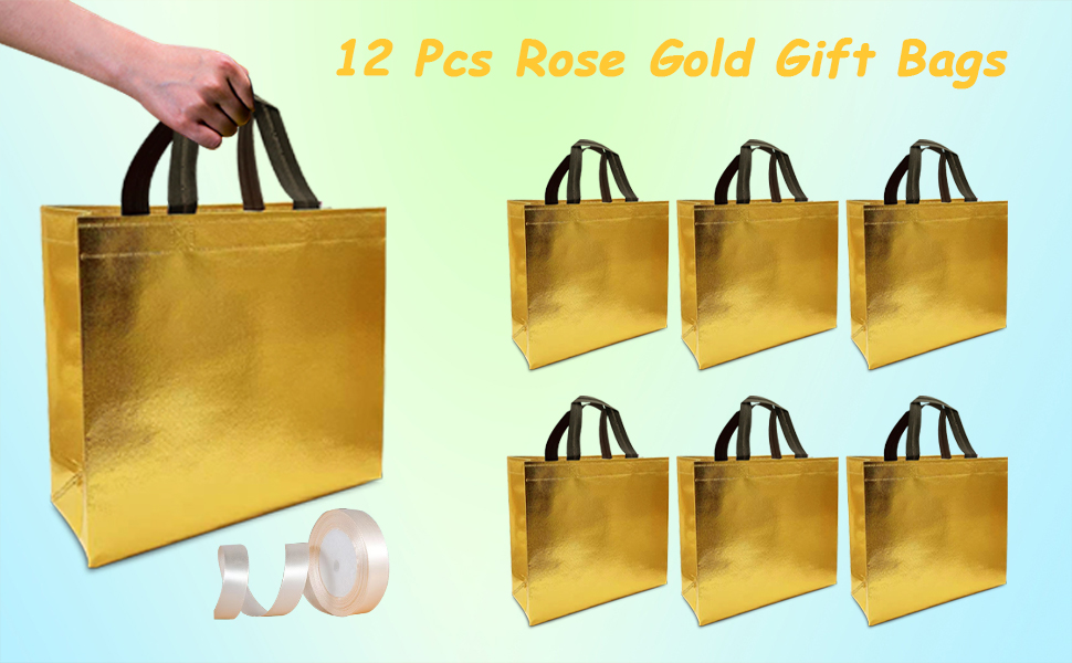 SUNSHNO Gold Gift Bags Large SizeSet of 12 Reusable Gift