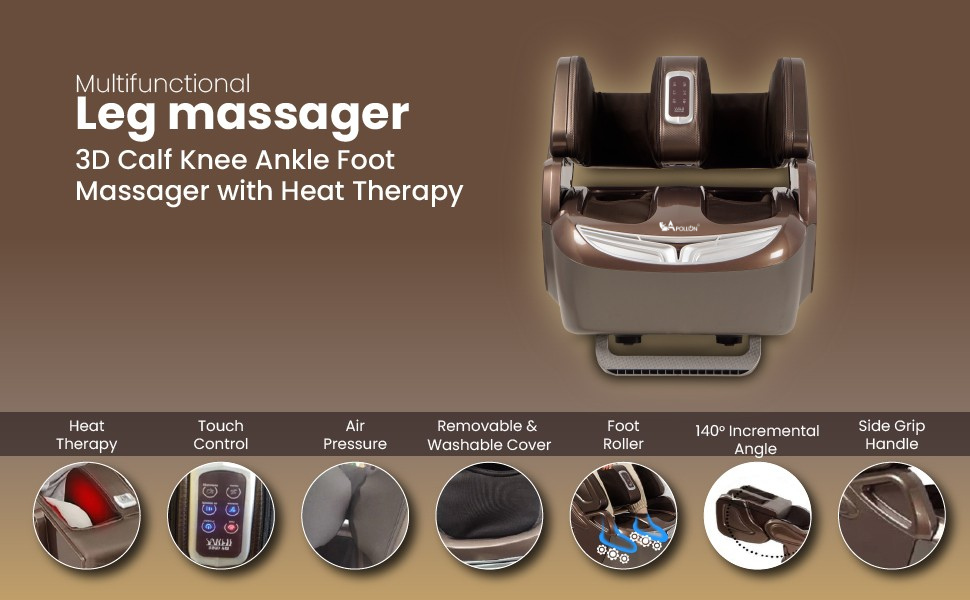 Apollon 868/416 For legs, legs, thigh and knee massage, 360 ° full rap airbags, 3 levels of separate massage combinations with corded electric (brown) with 3 levels of 3 levels of 3 levels for pain relief heating therapy. 868