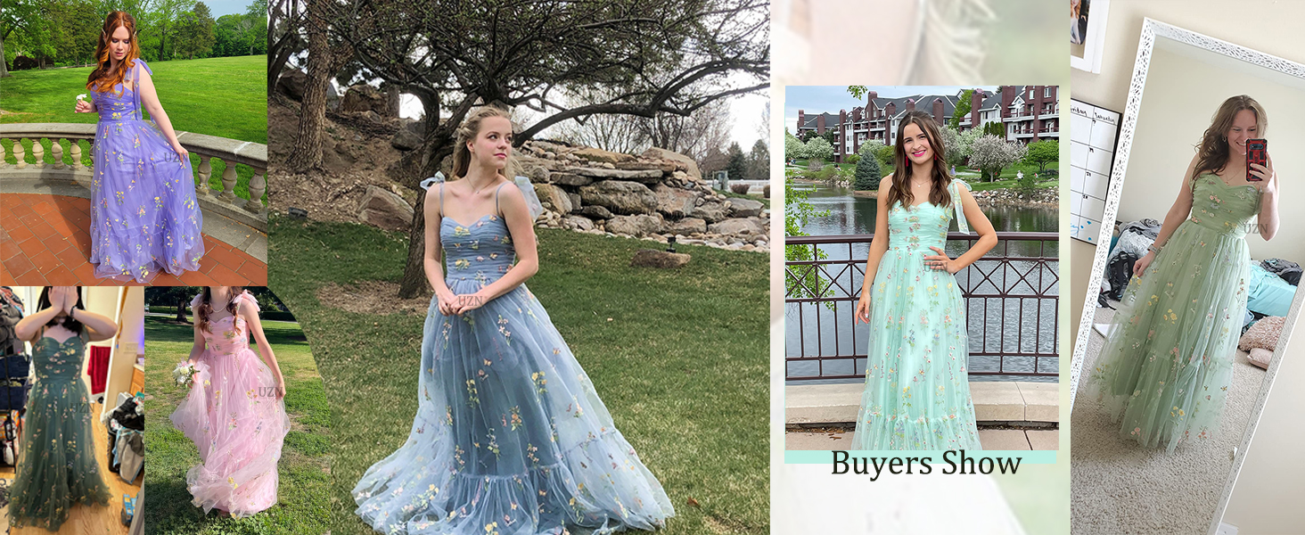 spaghetti straps tulle flower embroidery prom dress long