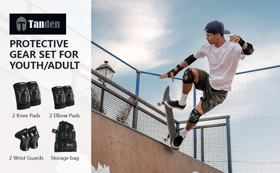 Tanden Skating Protective Gear Adult Knee and Elbow Pads Wrist Guards for Roller Skating
