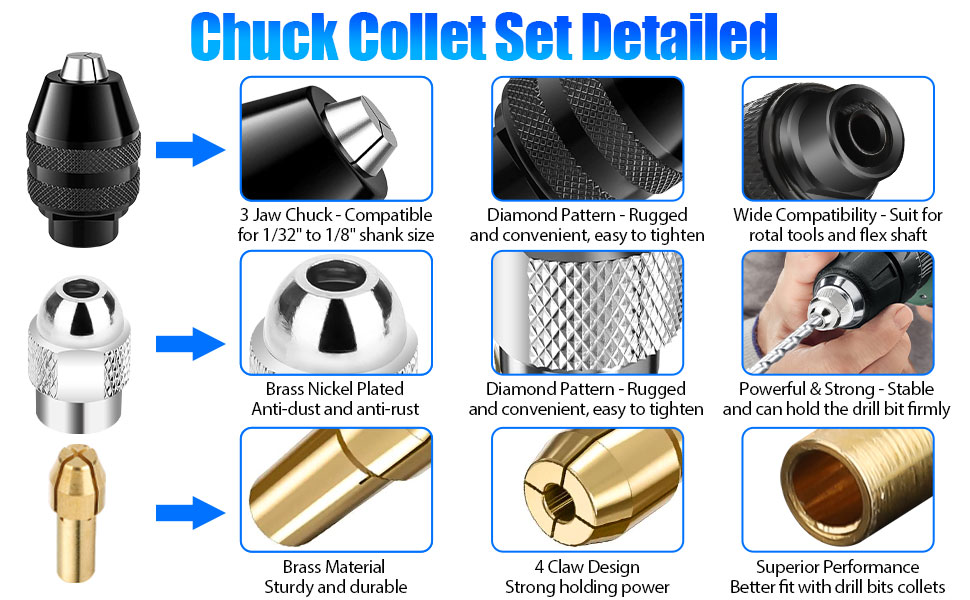 10 PCS Drill Chuck Collet Set, Keyless Drill Chuck Conversion Tool 1/32