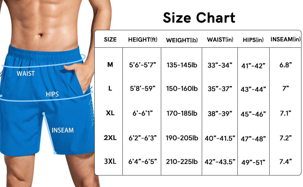 Size Chart for Disi Mens athletic Running 7'' Shorts