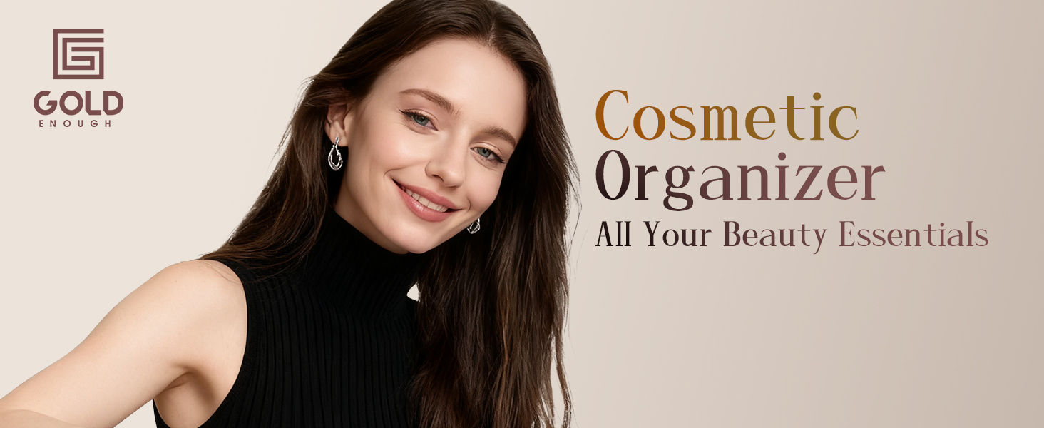 Text reads 'Cosmetic Organizer' and 'All Your Beauty Essentials'. Beauty product organization system shown with various compartments and storage solutions.