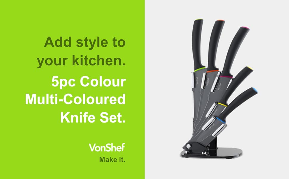 VonShef 5 Piece Knife Set Bright MultiColoured Knife Block Stainless Steel Contemporary