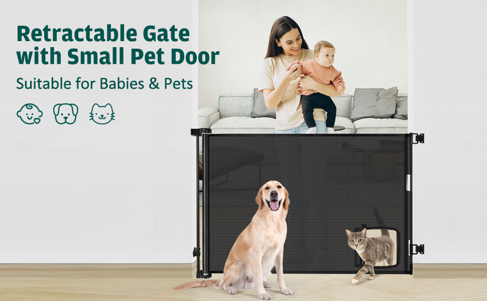 Retractable Baby Gate with Cat Door (55” Wide x 35” Tall