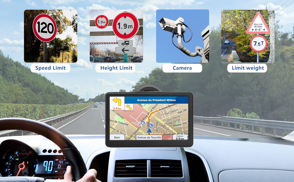 Speed limit, height limit and turn alerts