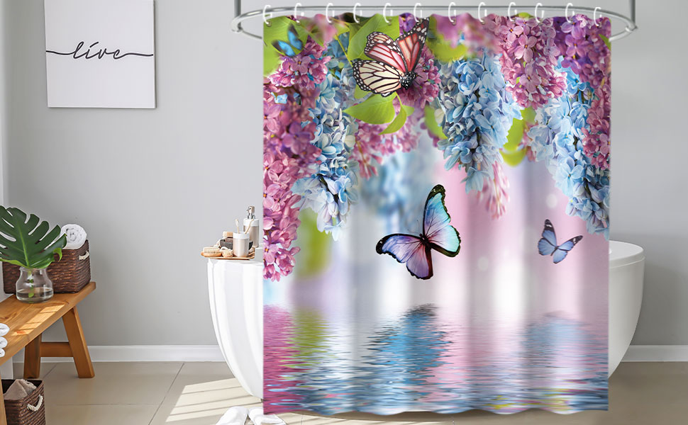 Butterfly Shower Curtains with Hooks, Floral Shower Curtain