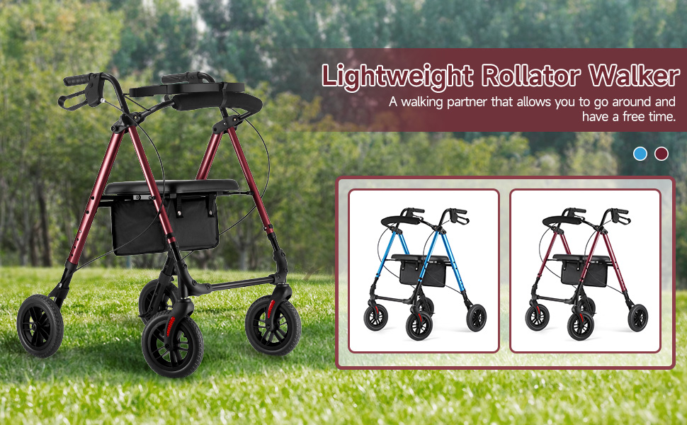 FlyingJoy Rollator Walker Red 8" Large 4 Wheels Rolling Walkers for Seniors with