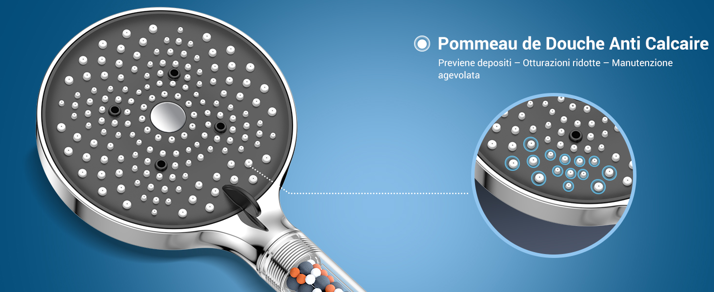 avec plusieurs buses et finition métallique. Dispose d'une technologie anticalcaire. Comprend une vue rapprochée du motif de la buse sur fond bleu