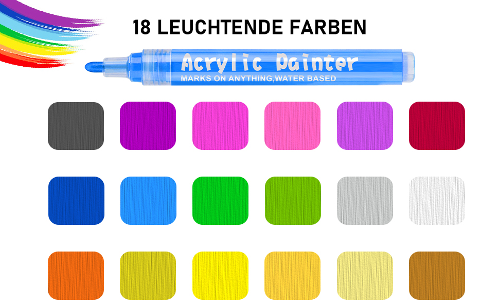RATEL Acrylstifte für Steine Acrylstifte Marker Stifte, 18 Farben Premium Acrylstifte Paint