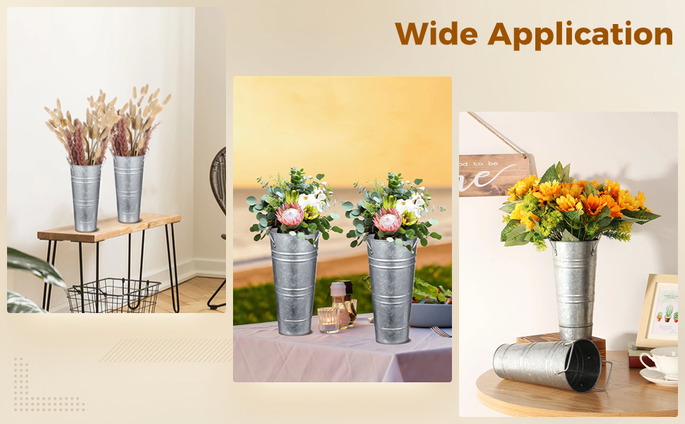 4 Pcs Galvanized Metal Vases, 9in Farmhouse French Bucket