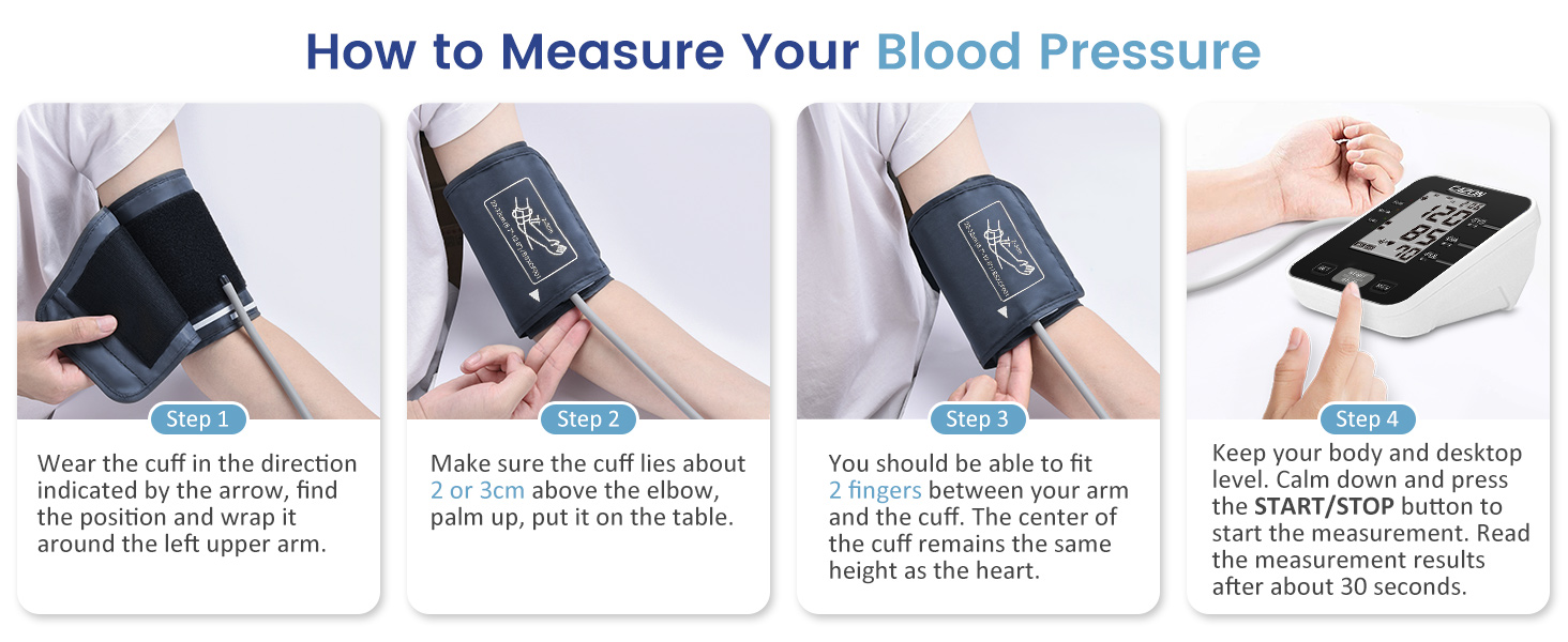 Four-step guide for measuring blood pressure using a digital device. Illustrates proper arm positioning and cuff placement.