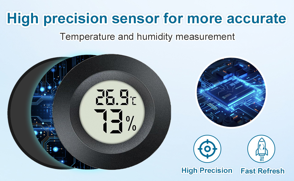 Der Text Lautet „Hochpräriser-Sensor für Genauer Temperatur-und FeuchtigitowsMessung“. Digitalanzege mit Messwerten von 26,9 ° C und 73% Luftfeuchtzeit MIT Blauen Technischen Grafiken.