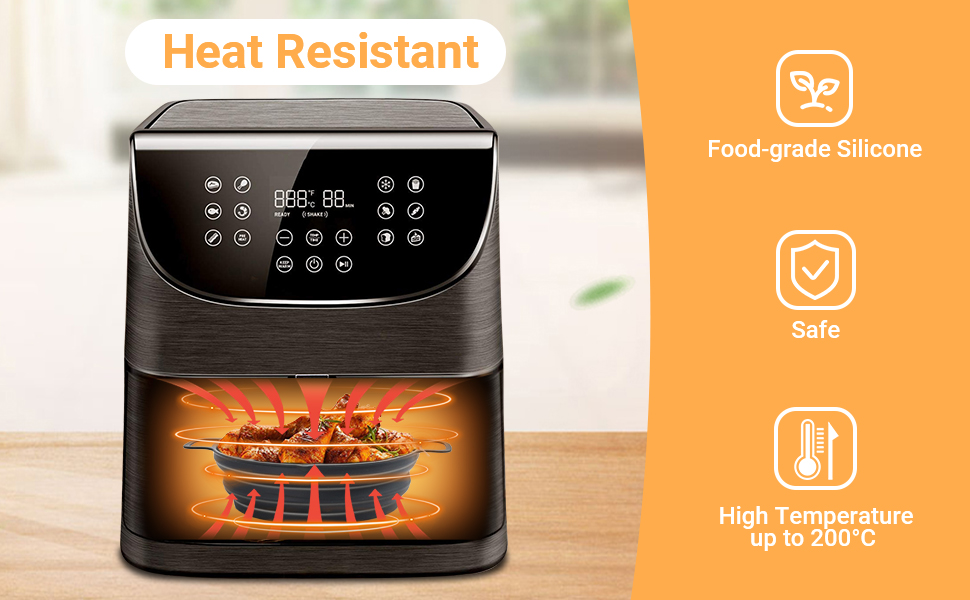 Alyvisun Air Fryer Liner Silicone Reusable Airfryer Basket Foldable Kitchen Pot Accessories Versatile Round Baking Pan for Microwave, Oven (Grey) 11 Air fryer liner is made of food-grade silicone and heat-resistant for safety and durability.